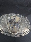Vintage Western Belt Buckle Silver Tone Engraved Filigree Oval Stone Cabochon