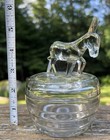 Vintage Jeannette Glass Donkey Covered Powder Bowl Dish Clear Trinket Candy Jar