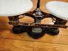 Vintage Ohaus  Balance Scale  Cast Iron With Milk Glass Trays