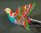 Vintage 1960 s Tin Litho Toy Bird Printed Metal Shackman Repro Chirps Flaps Wing