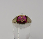 Antique Art Deco  30s 10k Yellow Gold Red Masonic Ring Size 6 Engraving Exc Cond