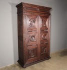 91  Tall French Antique Breton Armoire cabinet In Solid Chestnut Highly Carved