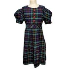 Vintage 50s Kate Greenaway Frock Girls 3t Green Plaid Wool Dress Tie Back Waist