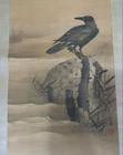 Japanese Ink Painting Crow On Silk Hanging Scroll Antique Art