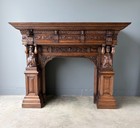 Xl Vintage Renaissance Revival Oak Fireplace Surround mantel W carved Figures