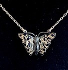 Japanese Vintage Black Enamel Engraved Sterling Silver Butterfly Necklace 15   