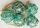 Japanese Glass Fishing Floats 3-3 5  Netted In Aqua Five Long Strings Vtg Usa Bz