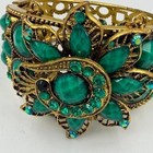 Green Rhinestone Cuff Bracelet Set Gold Tone Boho Statement