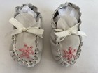Vintage White Leather Baby Shoes   Moccasins W pink Embroidery   Antique Shoes