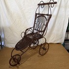 Antique Baby Doll Stroller Wicker Wood Metal   Wooden Handle