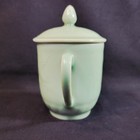 Chinese Celadon Porcelain Lidded Coffee Tea Mug Lt Green Embossed Koi Design