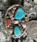 Vintage Sterling Silver Turquoise   Red Coral Navajo Bolo Tie-jefferson Jake