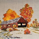 Vintage Completed 20x16 Crewel Covered Bridge Framed Large Mcm 70s Green Orange