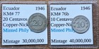 2 Nice Old Ecuador 20   10 Centavos Coins 1946   1946 Vintage World Foreign   