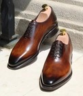 Men s Handmade Brown Leather Black Shaded Oxford Whole-cut Lace Up Dress Shoes