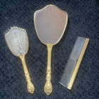 Vintage 1950s Gold Finish Floral Hair Brush Mirror   Comb Vanity 3 Piece Set