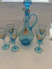 Elegant Vtg 1950 s Bohemian Crystal Aqua Teal Turquoise Blue Gold Decanter Set