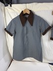 Vintage 70s 2pc Shorts Leisure Set Blue Brown Plaid Dagger Collar Knit Disco M