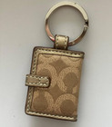 Coach Mini Signature Photo Key Chain Ring Gold Flower Leather Canvas Round Charm