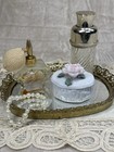 Vintage Vanity Mirror Tray Set Perfume Bottles Trinket Box Lace Runner Pearls
