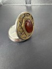 Vintage Silver Gold Tone Floral Carnelian Pill Box W 3 Compartments