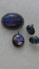 Sterling Silver Vintage 925 Jewelry Set With Reverse Painted Butterfly Wing Scen