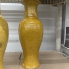 Early Vintage Pair Of Chinese Republic Period Incised Floral Yellow Glaze Vase s