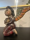 Vintage Mexican Folk Art Wood  Winged   Aztec Figuring Holding Jaguar Mask 1950s