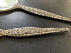 Vintage 1950s Hand Held Victorian Vanity Mirror   Brush W  Carved Filligreed