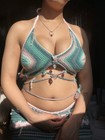 Handmade Crochet Halter Top   Skirt Set Green Pink White Beaded Striped Acrylic