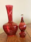 Vintage Cranberry Glass Etched Decanter  - Rose Flower Cut W stopper