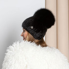 Black Mink Hat For Women  Mink Fur Beanie Hat  Black Fluffy Hat With Pompom