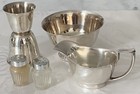 Lot Of 5 Vtg Silver Plate Items Bowl Salt pepper Shakers Creamer Double Jigger