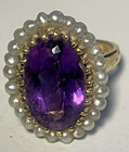 Antique Vintage Stunning Regal Amethyst And Natural Pearls Halo Ring In 14k Gold