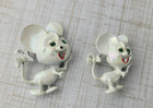 Set Of 2 Vintage White Opalescent Iridescent Enamel Mouse Scatter Pins Green Eye