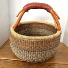 Medium 12    Woven African Bolga Ghana Market Basket Leather Handle  See Pictures