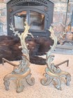 Antique French Rococo Style Brass Fireplace Andirons Featuring Leafy Acanthus