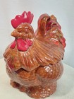Vintage Rooster Hen Cookie Jar Brown Red Glazed Cottage Core Rustic Farm Decor