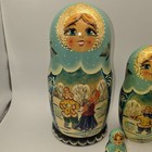 Vintage Russian Matryoshka Nesting Dolls 5pc Set Winter Village Scene Blue Gold