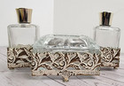 Vanity Dresser Set Filigree Trinket Dish Lidded Perfume Bottles Vtg Metal Holder