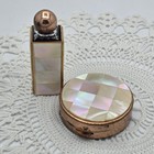 Art Deco Brass Compact Perfume Set Vintage Geometric Mother Of Pearl Abalone