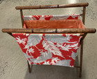 Vtg Knitting Sewing Caddy Basket Yarn Bag Tote Folding Wood Frame Floral
