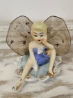 Vintage Fairy Pixie Tinker Bell Elf Ceramic Figurine Mesh Wings Blue Rare Japan