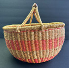 Vintage Bolga Market Basket Large Round Ghana Leather Handle Neutral Boho Decor
