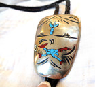 Vintage Navajo Willie Nezzie Signed Sterling Inlaid Turquoise Coral Bolo Tie   S