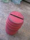 Little Antique Wood Toy Barrel Bank Red Milk Paint W Christmas Bottle Brush Tree