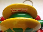 Kouvalias Vintage Turtle  Wooden Pull Toy Made In Greece Red Top Hat Green Body
