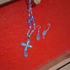 Blue Crystal Cross Necklace   Dangle Earrings Jewelry Set  Silver Religious
