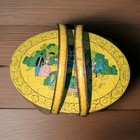 Vintage Round Oval Sewing Tin Yellow Victorian House Couple Bike Trees Handles
