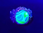 Sterling Houze Factory Slag Uranium Glass Ring Blue Green Filigree 925 Size 9 5